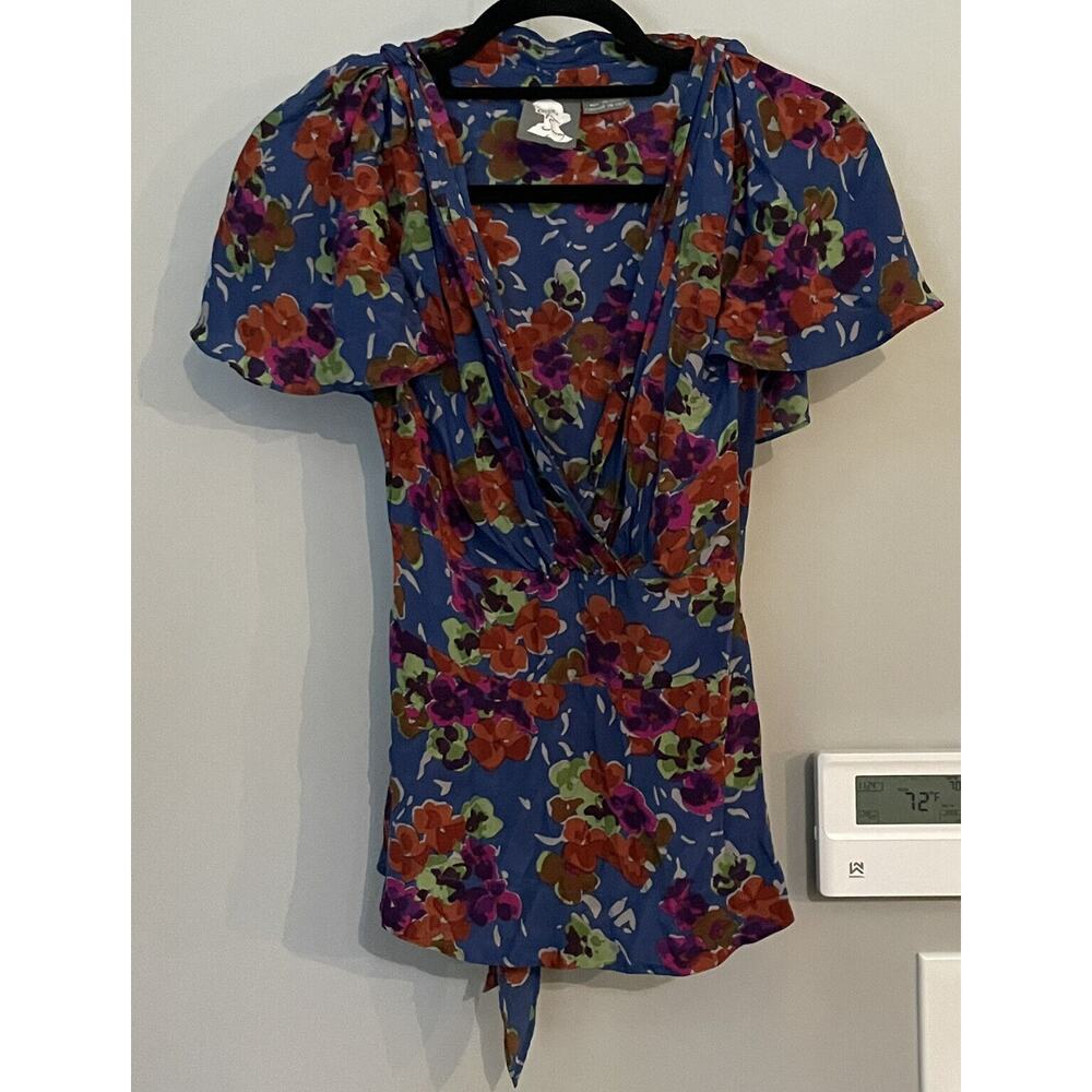 Anthropologie Girl from Savoy Floral Top 100% Silk Faux Wrap Tie Back Sz 4